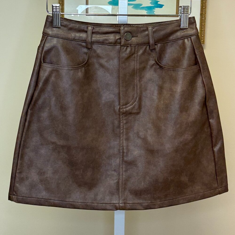 Brown Vegan Leather Mini Skirt
